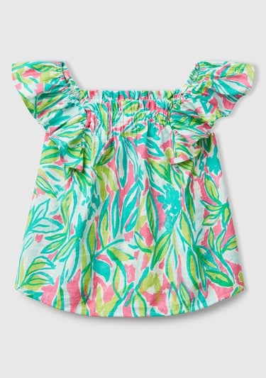  Kız Çocuk Yeşil Viskoz Karışımlı Baskılı Hafif Bol Kesim Omuz Askılı Üst