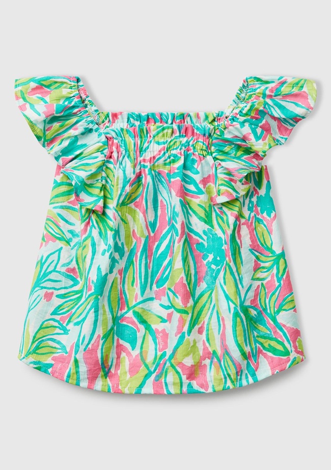  Kız Çocuk Yeşil Viskoz Karışımlı Baskılı Hafif Bol Kesim Omuz Askılı Üst