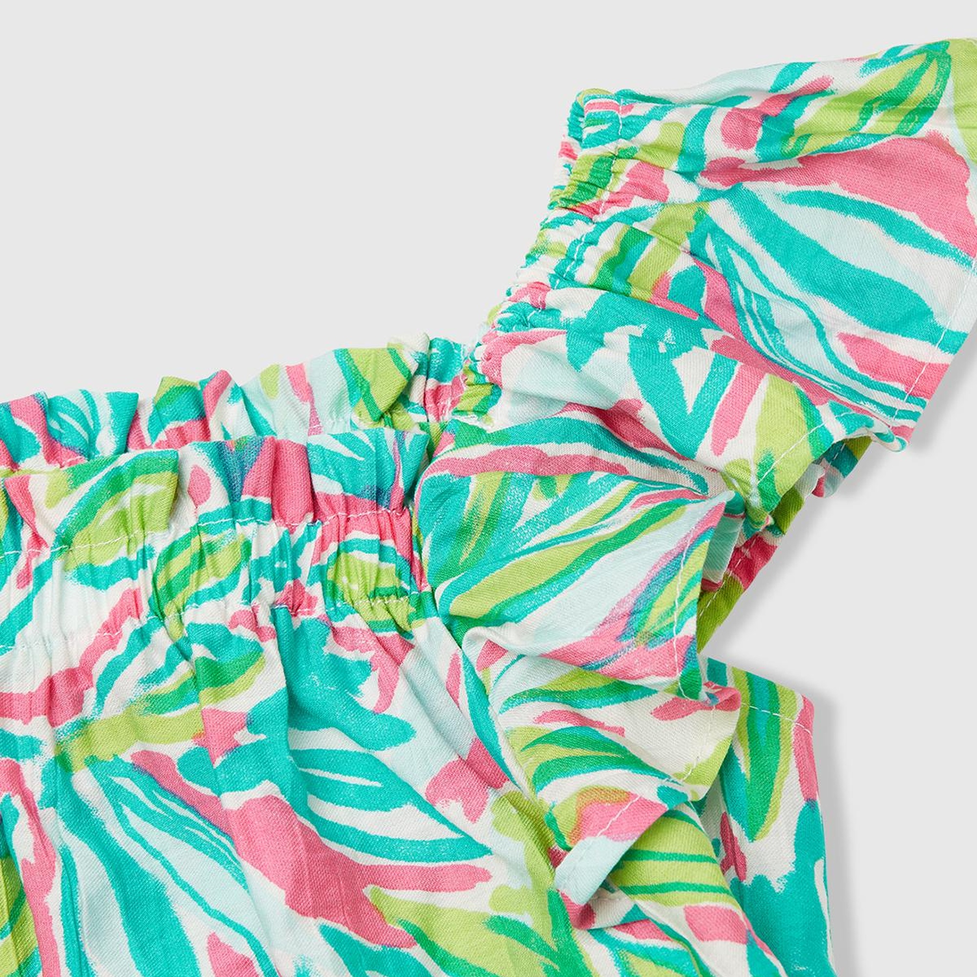 Kız Çocuk Yeşil Viskoz Karışımlı Baskılı Hafif Bol Kesim Omuz Askılı Üst