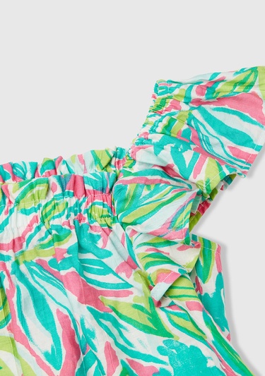  Kız Çocuk Yeşil Viskoz Karışımlı Baskılı Hafif Bol Kesim Omuz Askılı Üst