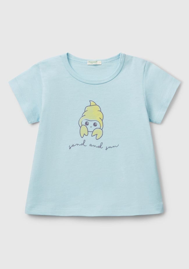  Bebek Turkuaz Önü Baskılı Omzu Çıtçıt Düğmeli T-Shirt