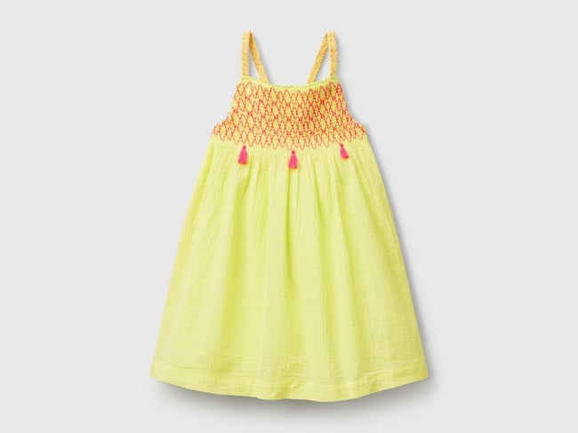  Kız Çocuk Sarı Kontrast Renk Önü Püsküllü Pileli İp Örgülü Askılı Elbise