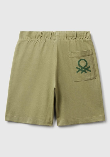  Erkek Çocuk Haki Arka Cebi Logo Baskılı Beli İpli Şort