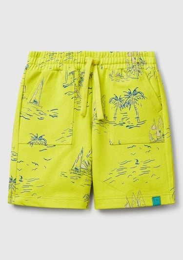 Erkek Çocuk Sarı Tamamı Desenli Beli İpli Cepli Bermuda Şort