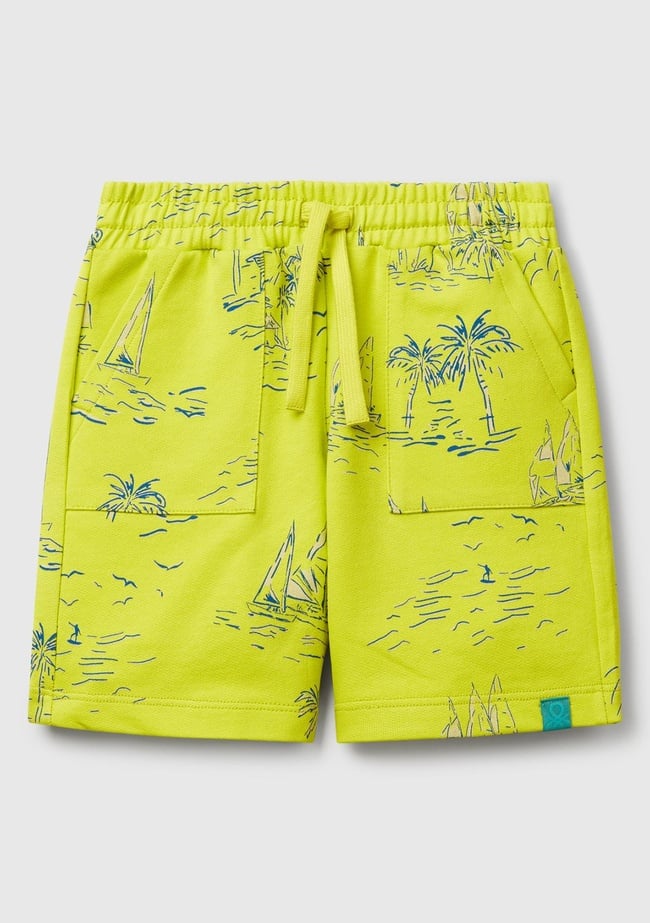  Erkek Çocuk Sarı Tamamı Desenli Beli İpli Cepli Bermuda Şort
