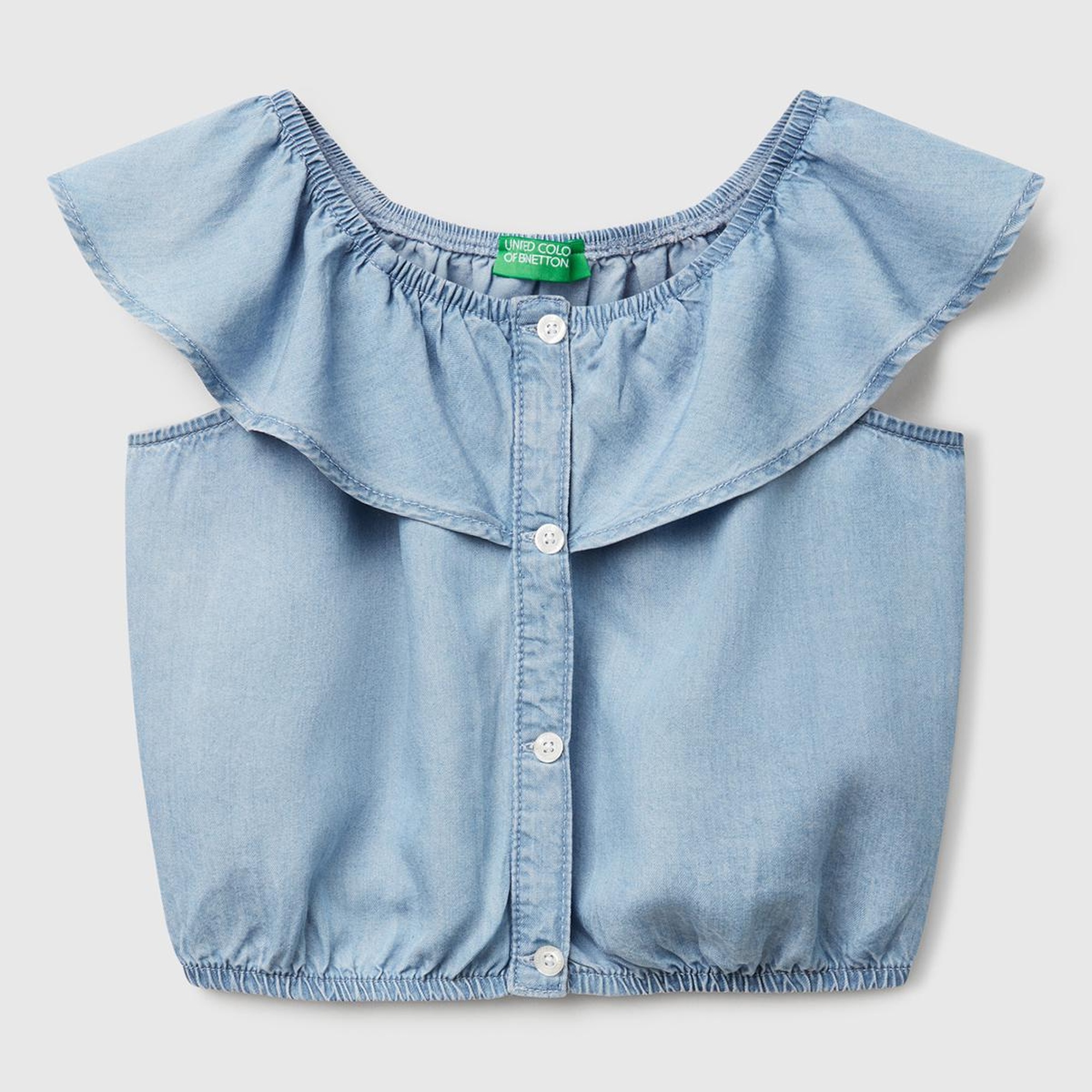 Kız Çocuk Denim %100 Liyosel Yakası Fırfırlı Lastikli Kolsuz Crop Gömlek