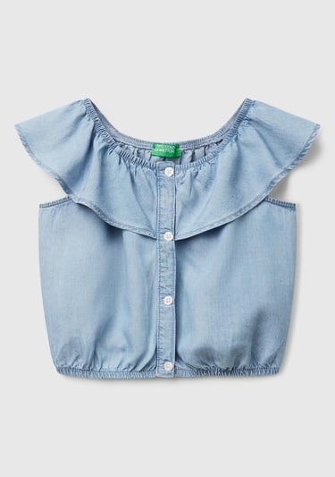  Kız Çocuk Denim %100 Liyosel Yakası Fırfırlı Lastikli Kolsuz Crop Gömlek