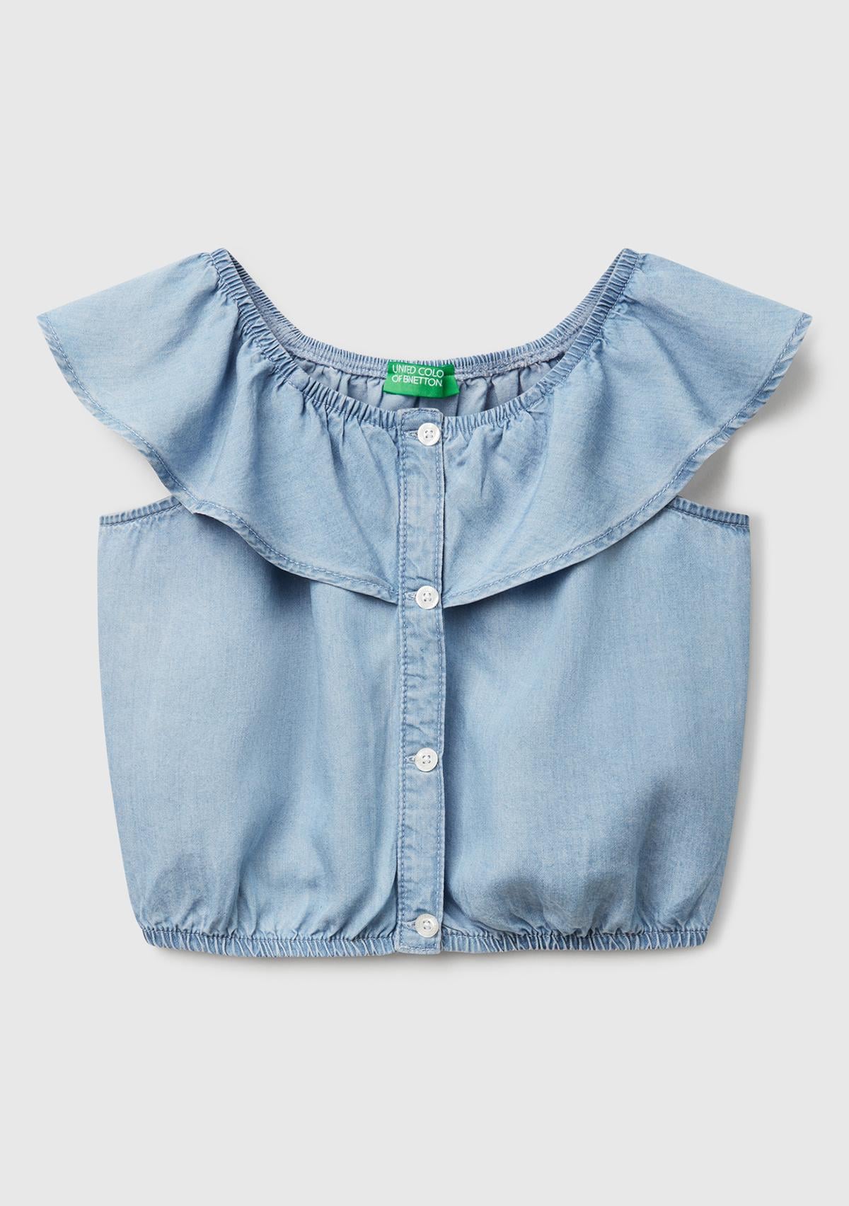  Kız Çocuk Denim %100 Liyosel Yakası Fırfırlı Lastikli Kolsuz Crop Gömlek