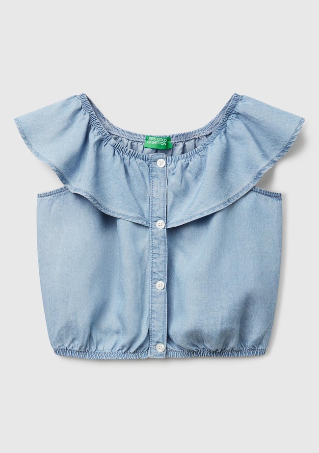  Kız Çocuk Denim %100 Liyosel Yakası Fırfırlı Lastikli Kolsuz Crop Gömlek