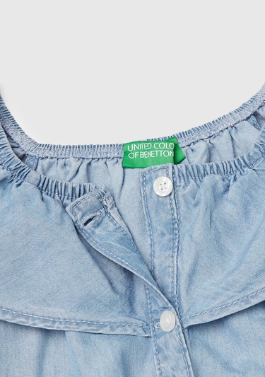  Kız Çocuk Denim %100 Liyosel Yakası Fırfırlı Lastikli Kolsuz Crop Gömlek