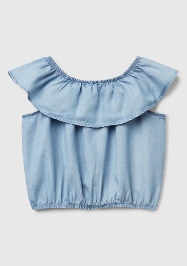  Kız Çocuk Denim %100 Liyosel Yakası Fırfırlı Lastikli Kolsuz Crop Gömlek