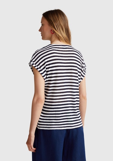  Kadın Lacivert Mix Keten Karışımlı Rahat Kalıp Çizgili V Yaka T-Shirt