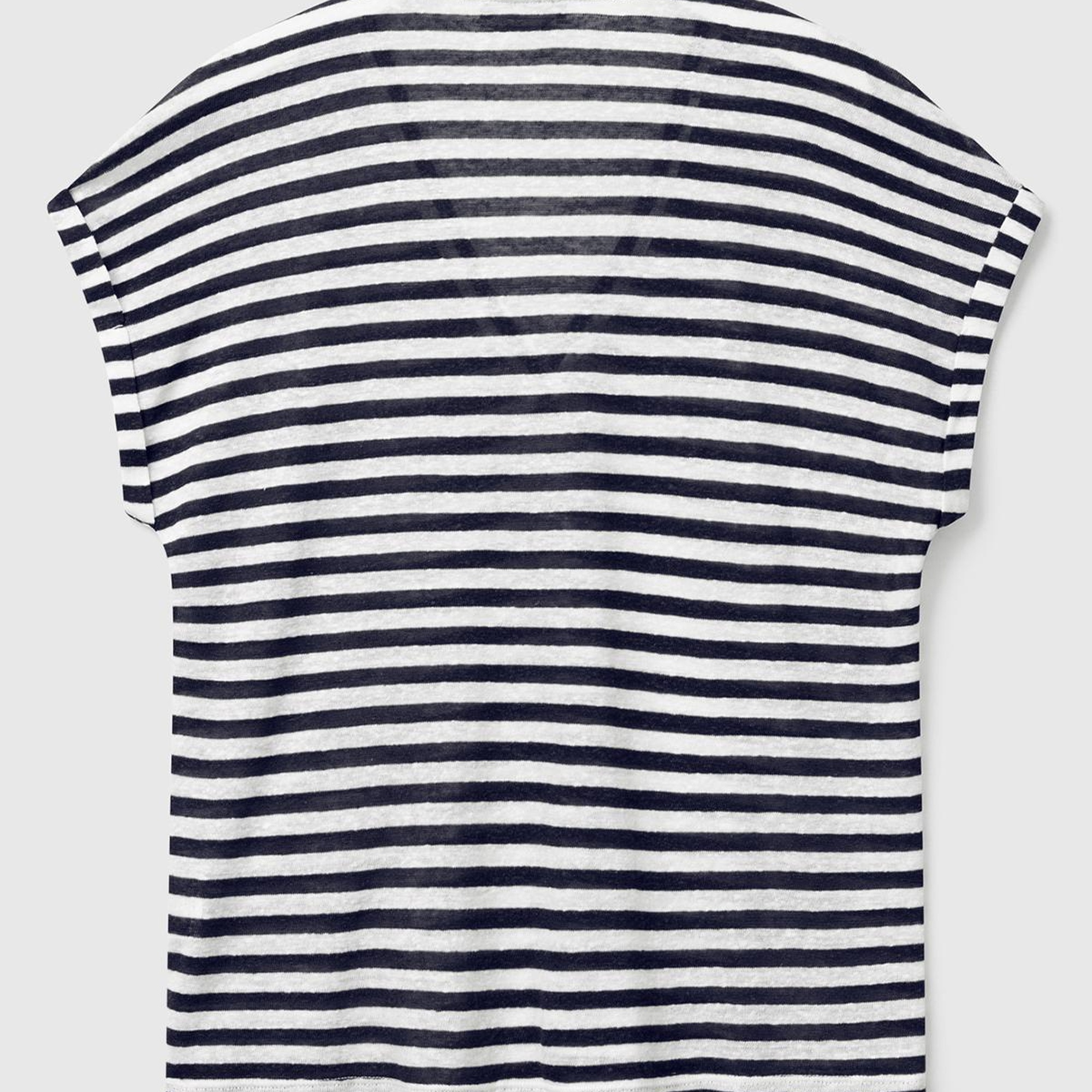 Kadın Lacivert Mix Keten Karışımlı Rahat Kalıp Çizgili V Yaka T-Shirt