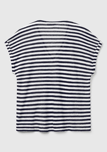  Kadın Lacivert Mix Keten Karışımlı Rahat Kalıp Çizgili V Yaka T-Shirt