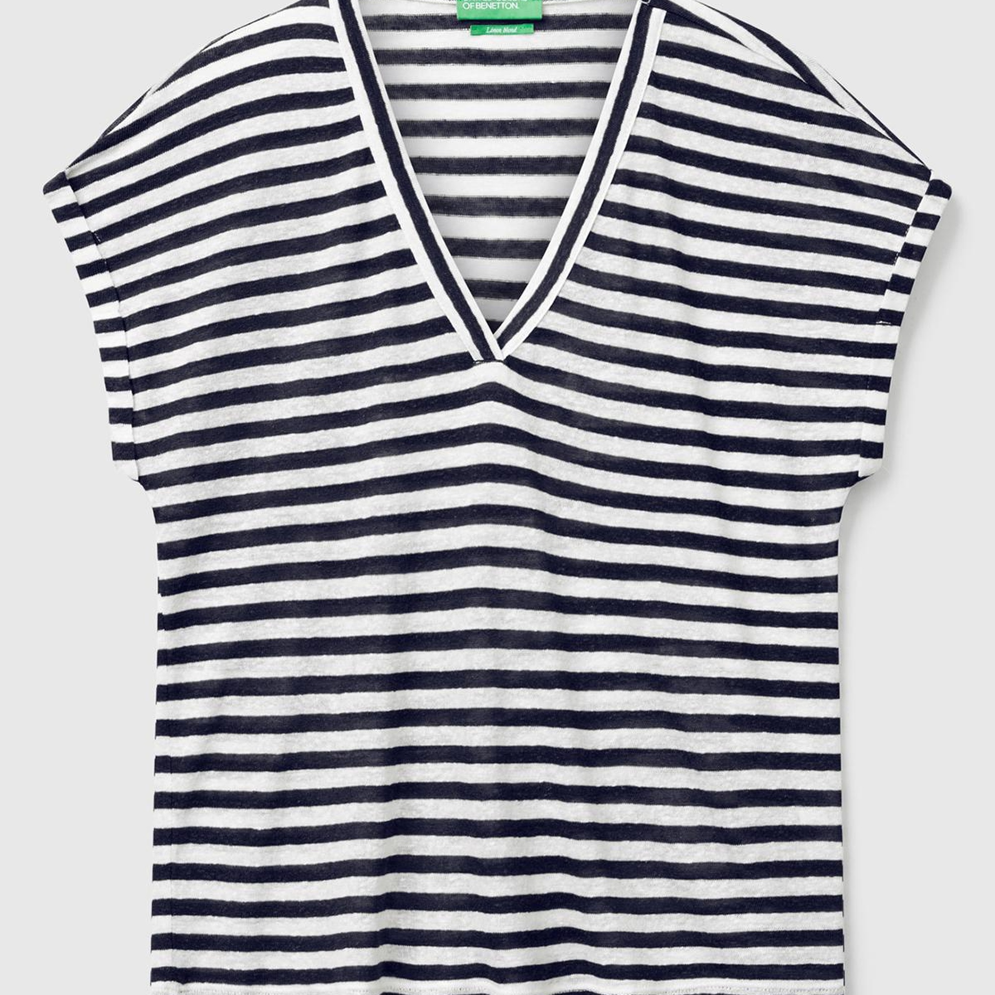 Kadın Lacivert Mix Keten Karışımlı Rahat Kalıp Çizgili V Yaka T-Shirt