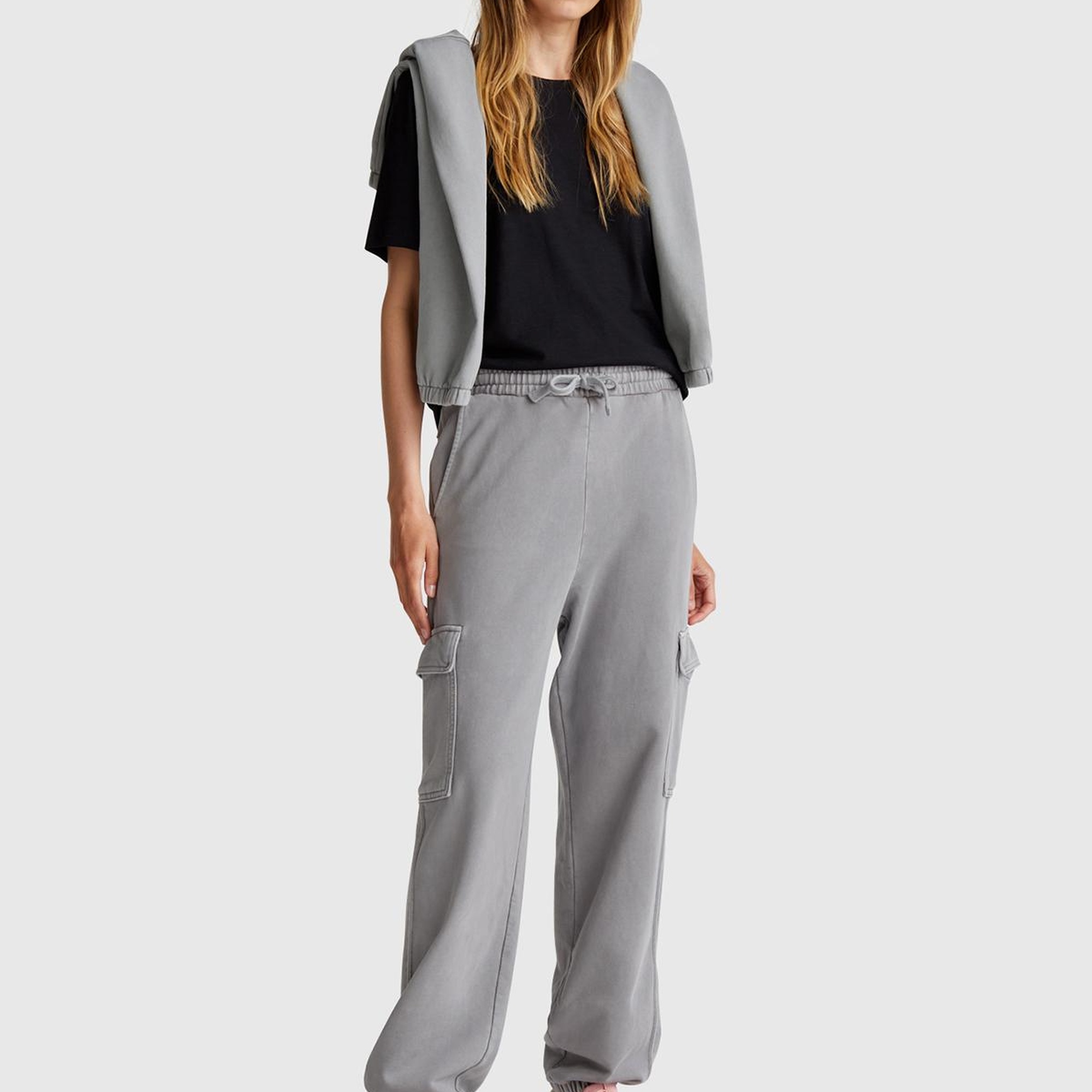 Kadın Antrasit %100 Pamuk Beli İpli Relax Fit Kargo Eşofman Altı