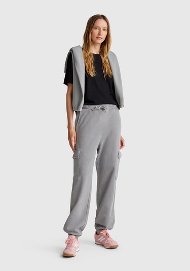 Kadın Antrasit %100 Pamuk Beli İpli Relax Fit Kargo Eşofman Altı