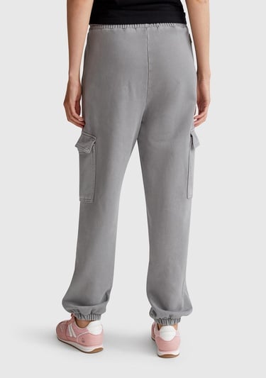  Kadın Antrasit %100 Pamuk Beli İpli Relax Fit Kargo Eşofman Altı