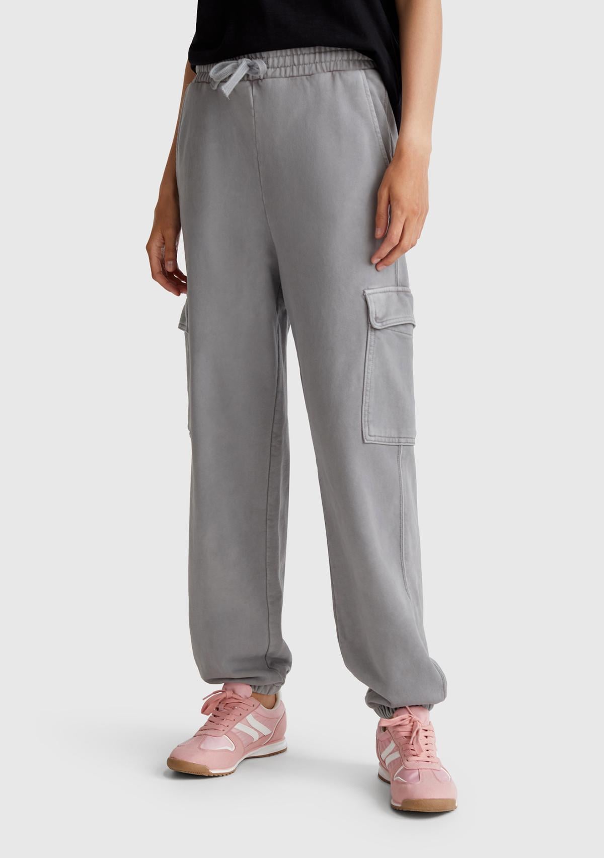  Kadın Antrasit %100 Pamuk Beli İpli Relax Fit Kargo Eşofman Altı