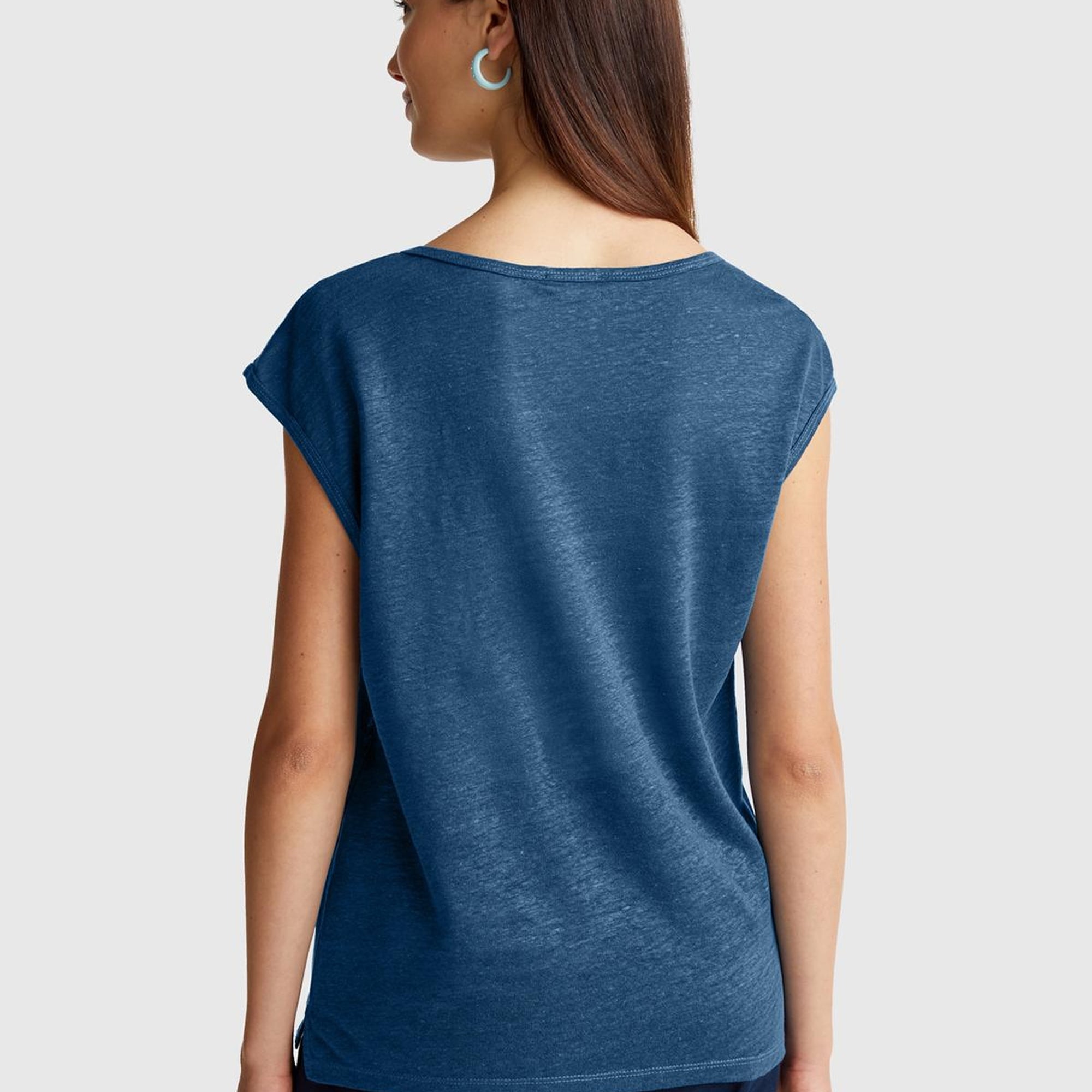 Kadın Denim %100 Keten Yanları Yırtmaçlı Relax Fit Yuvarlak Yaka T-Shirt