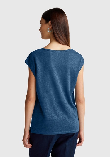  Kadın Denim %100 Keten Yanları Yırtmaçlı Relax Fit Yuvarlak Yaka T-Shirt