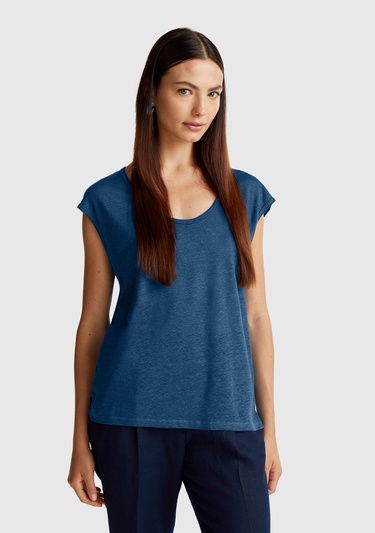  Kadın Denim %100 Keten Yanları Yırtmaçlı Relax Fit Yuvarlak Yaka T-Shirt