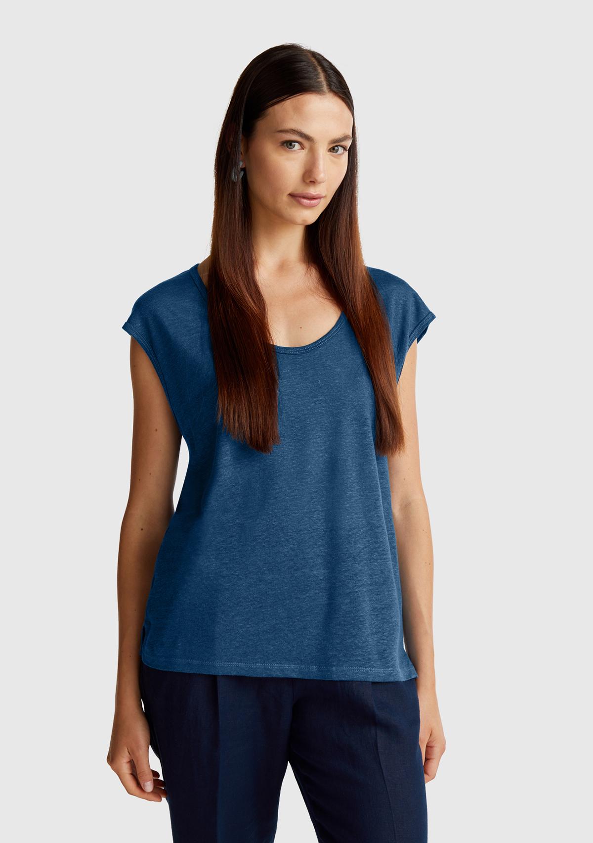  Kadın Denim %100 Keten Yanları Yırtmaçlı Relax Fit Yuvarlak Yaka T-Shirt