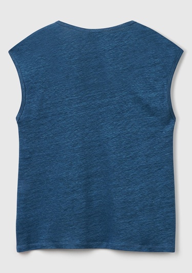  Kadın Denim %100 Keten Yanları Yırtmaçlı Relax Fit Yuvarlak Yaka T-Shirt