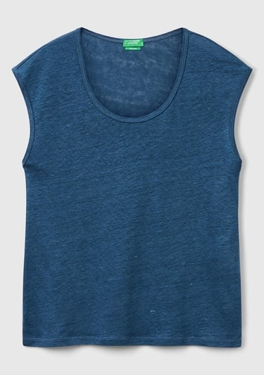  Kadın Denim %100 Keten Yanları Yırtmaçlı Relax Fit Yuvarlak Yaka T-Shirt