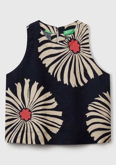  Kadın Lacivert %100 Keten Desenli Kolsuz Bluz