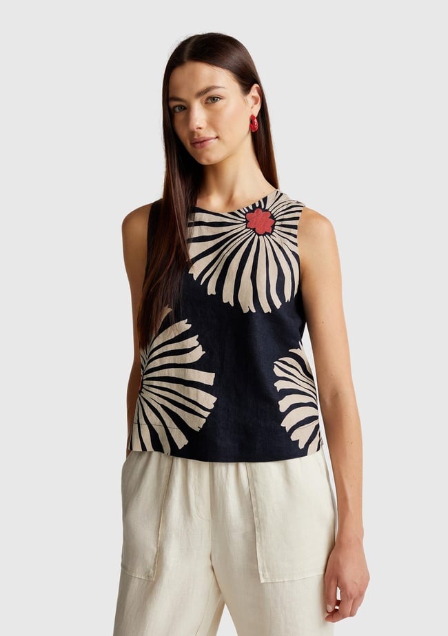  Kadın Lacivert %100 Keten Desenli Kolsuz Bluz