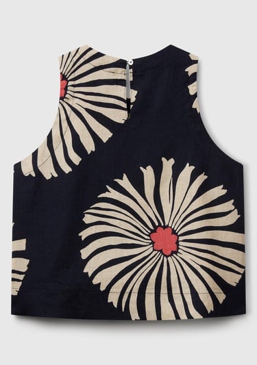  Kadın Lacivert %100 Keten Desenli Kolsuz Bluz