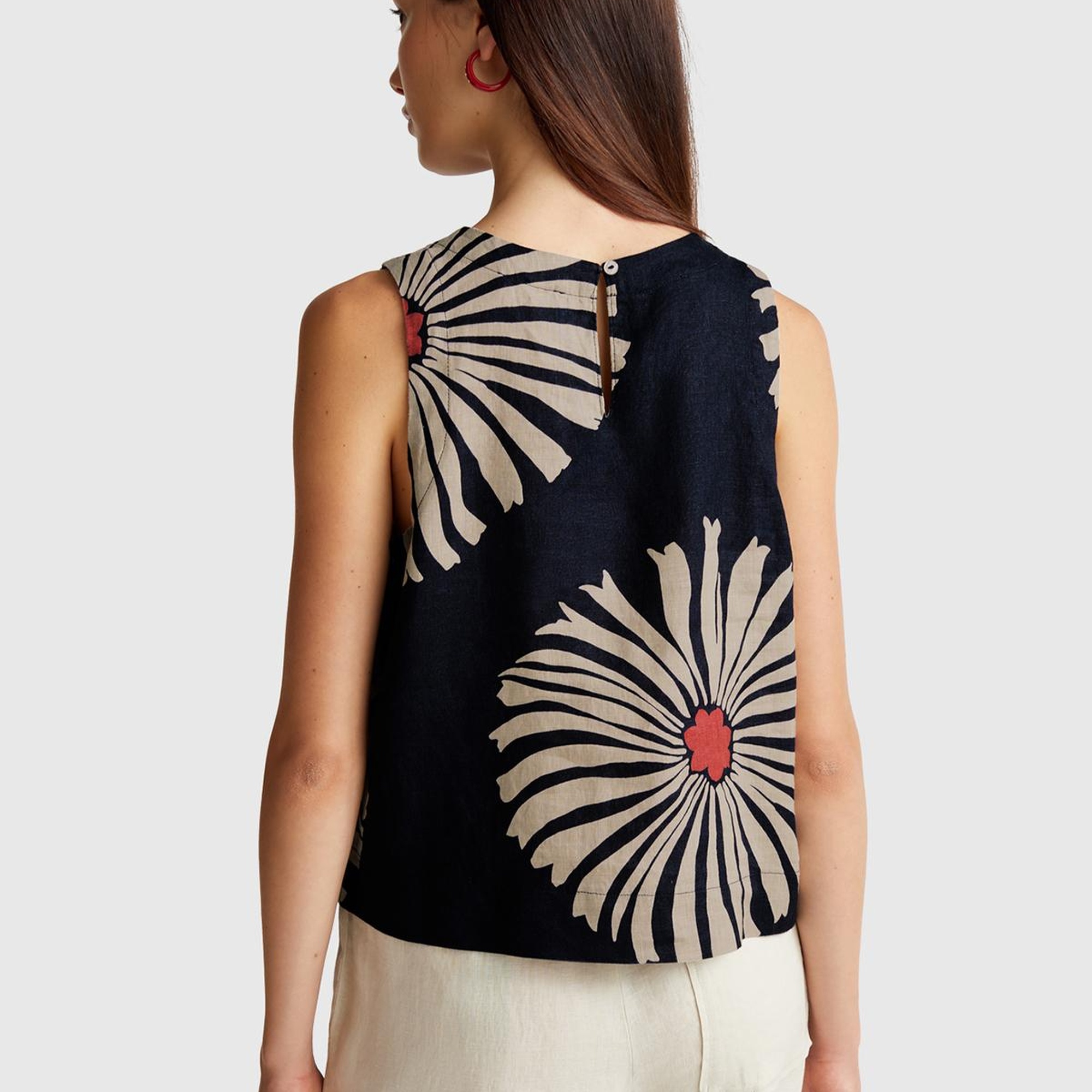 Kadın Lacivert %100 Keten Desenli Kolsuz Bluz