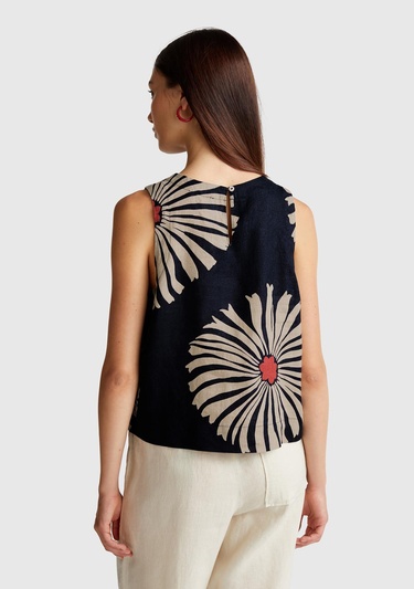  Kadın Lacivert %100 Keten Desenli Kolsuz Bluz