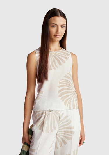  Kadın Krem %100 Keten Desenli Kolsuz Bluz