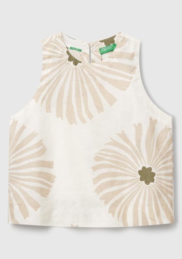  Kadın Krem %100 Keten Desenli Kolsuz Bluz