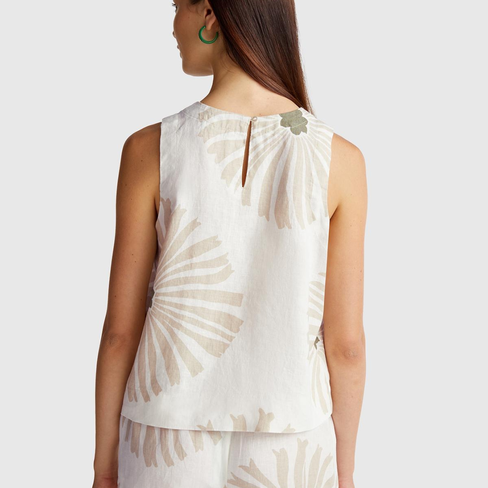 Kadın Krem %100 Keten Desenli Kolsuz Bluz