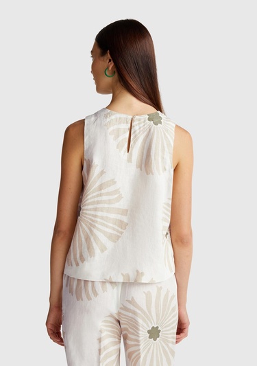  Kadın Krem %100 Keten Desenli Kolsuz Bluz