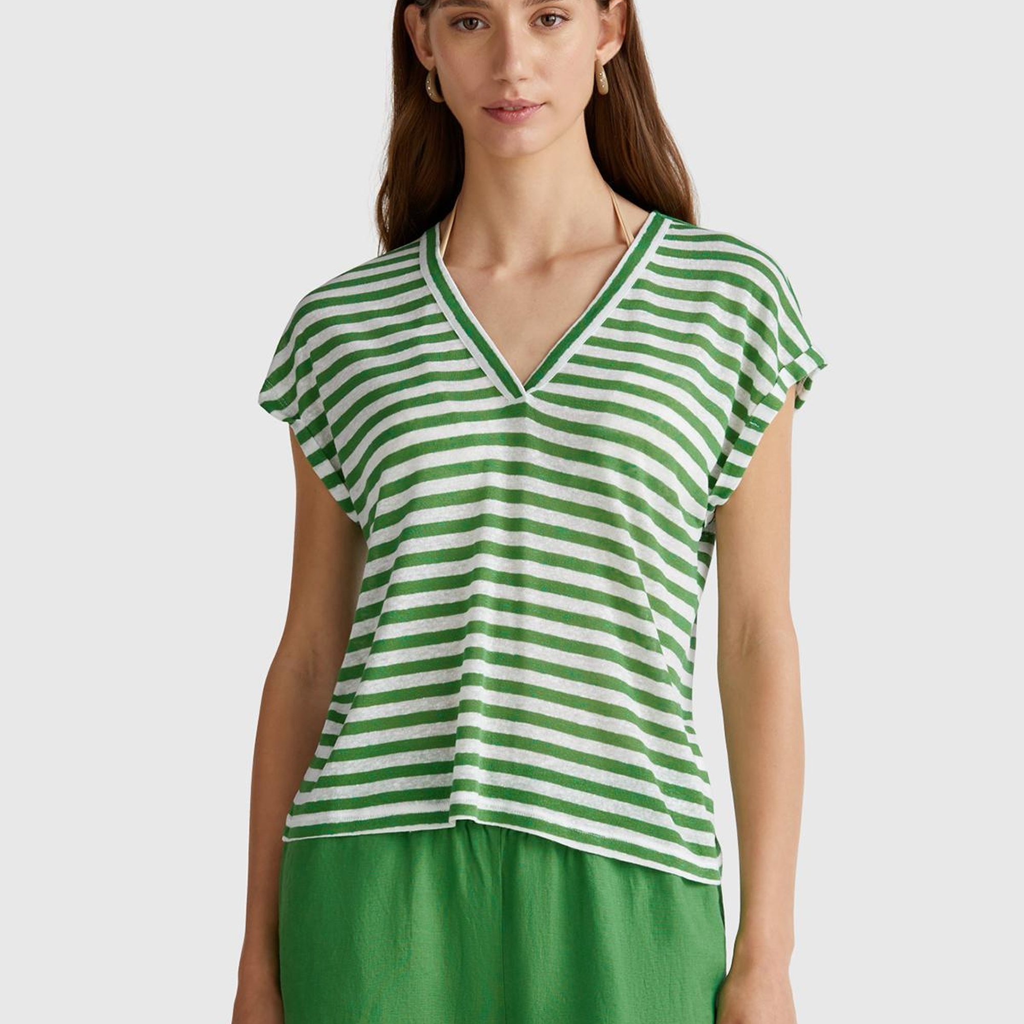 Kadın Yeşil Mix Keten Karışımlı Rahat Kalıp Çizgili V Yaka T-Shirt