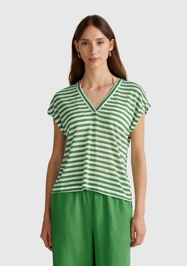  Kadın Yeşil Mix Keten Karışımlı Rahat Kalıp Çizgili V Yaka T-Shirt