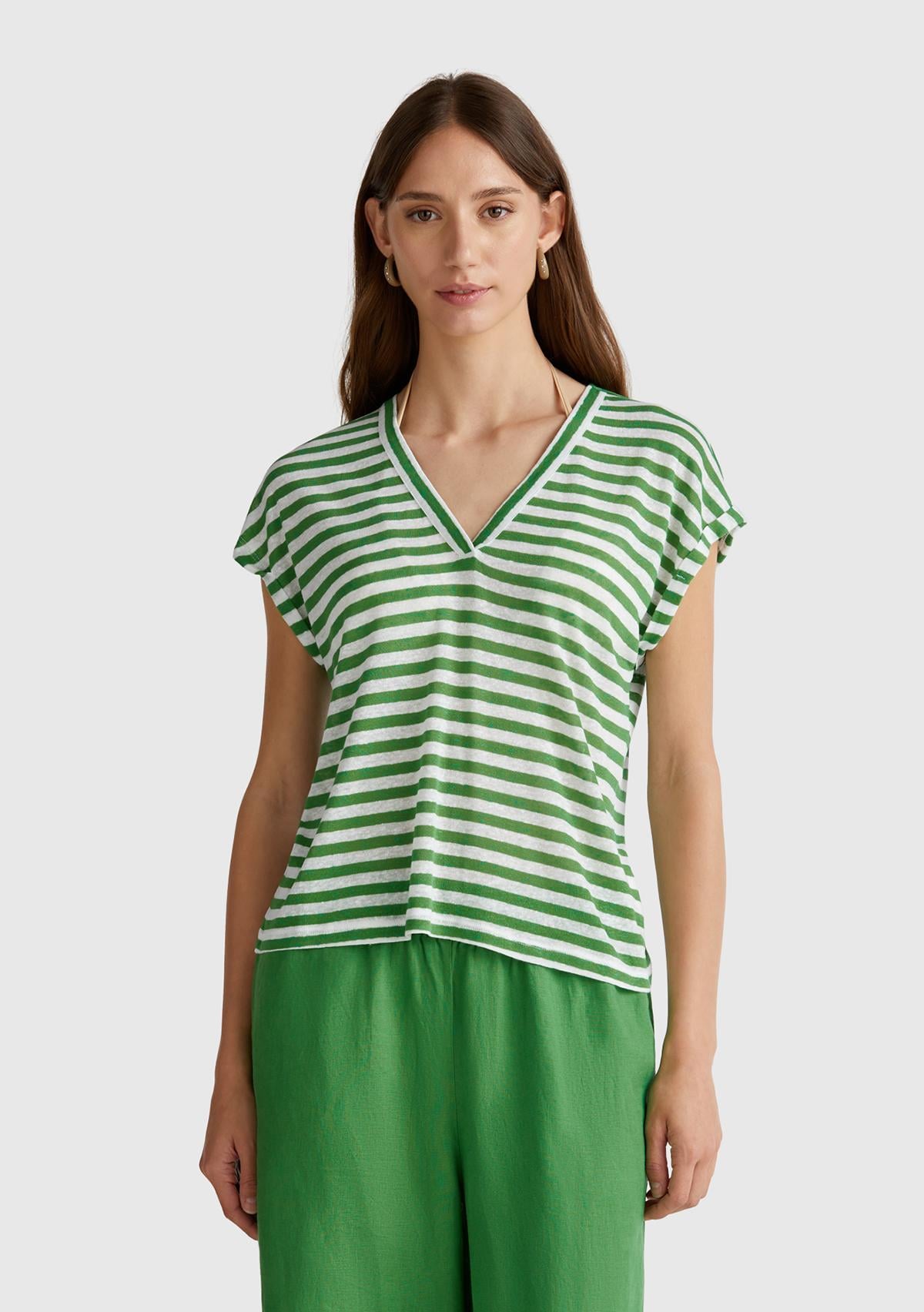  Kadın Yeşil Mix Keten Karışımlı Rahat Kalıp Çizgili V Yaka T-Shirt