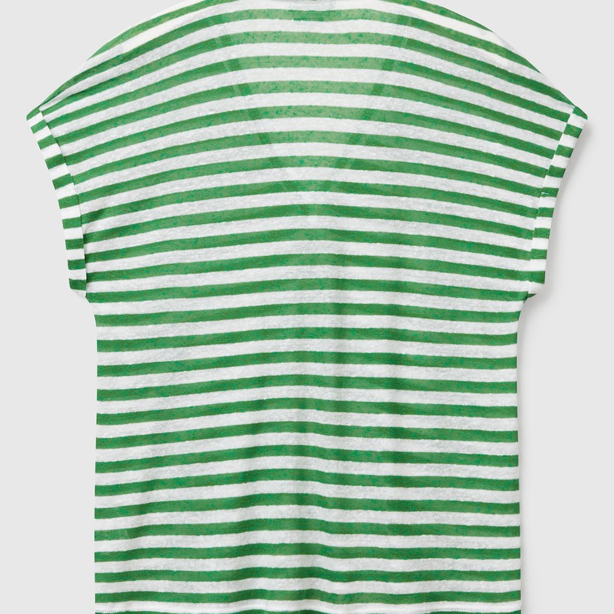 Kadın Yeşil Mix Keten Karışımlı Rahat Kalıp Çizgili V Yaka T-Shirt