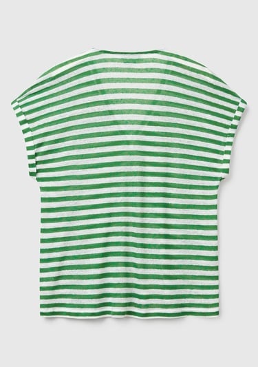  Kadın Yeşil Mix Keten Karışımlı Rahat Kalıp Çizgili V Yaka T-Shirt