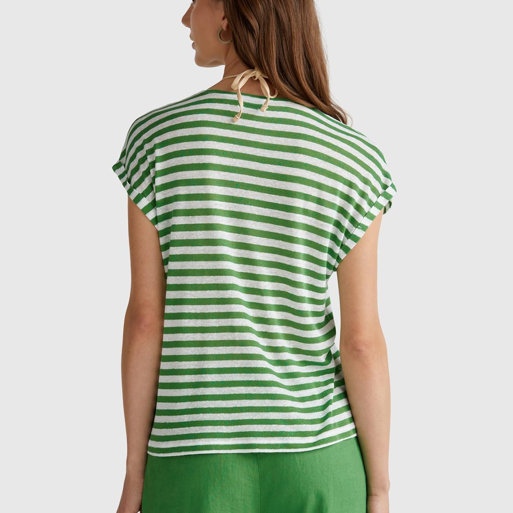 Kadın Yeşil Mix Keten Karışımlı Rahat Kalıp Çizgili V Yaka T-Shirt