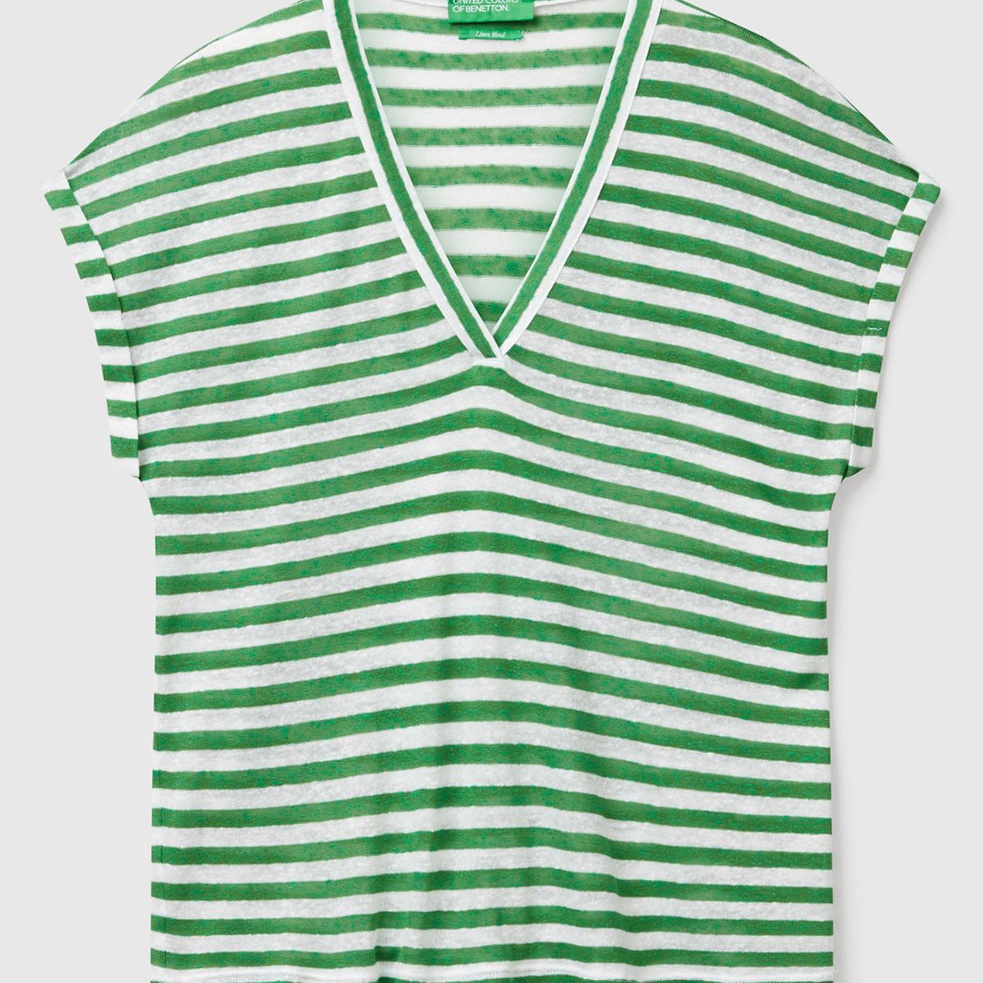 Kadın Yeşil Mix Keten Karışımlı Rahat Kalıp Çizgili V Yaka T-Shirt