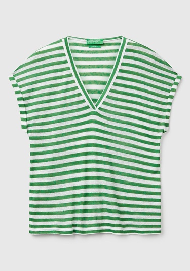  Kadın Yeşil Mix Keten Karışımlı Rahat Kalıp Çizgili V Yaka T-Shirt