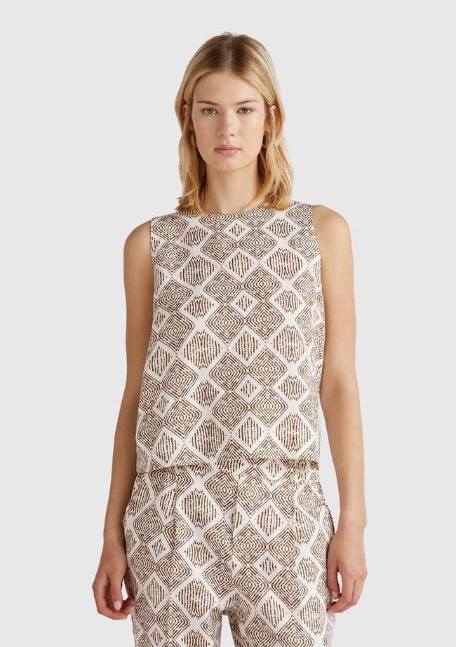  Kadın Beyaz Mix %100 Keten Desenli Kolsuz Bluz