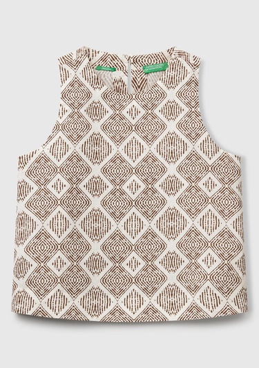  Kadın Beyaz Mix %100 Keten Desenli Kolsuz Bluz