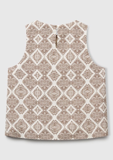  Kadın Beyaz Mix %100 Keten Desenli Kolsuz Bluz