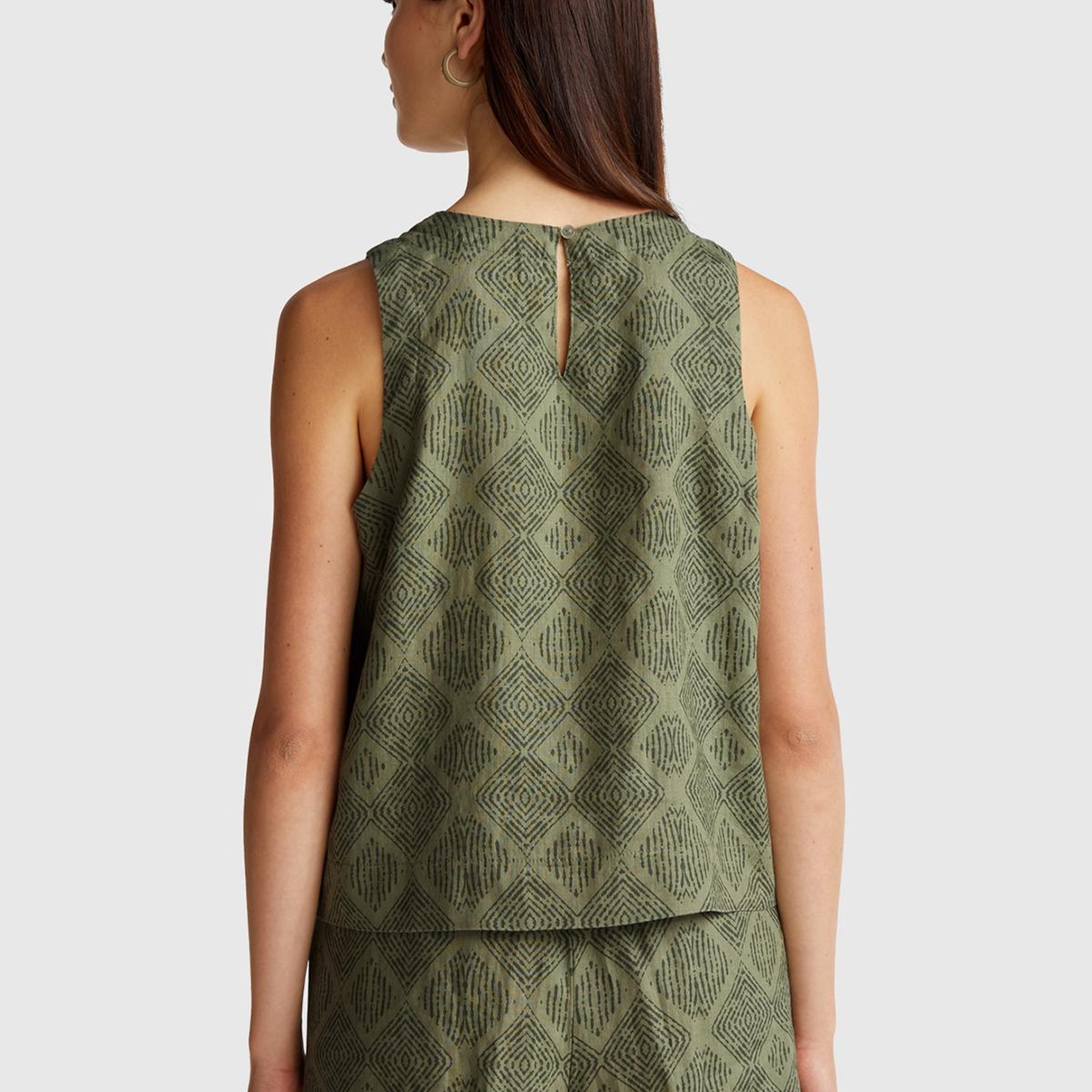 Kadın Haki %100 Keten Desenli Kolsuz Bluz